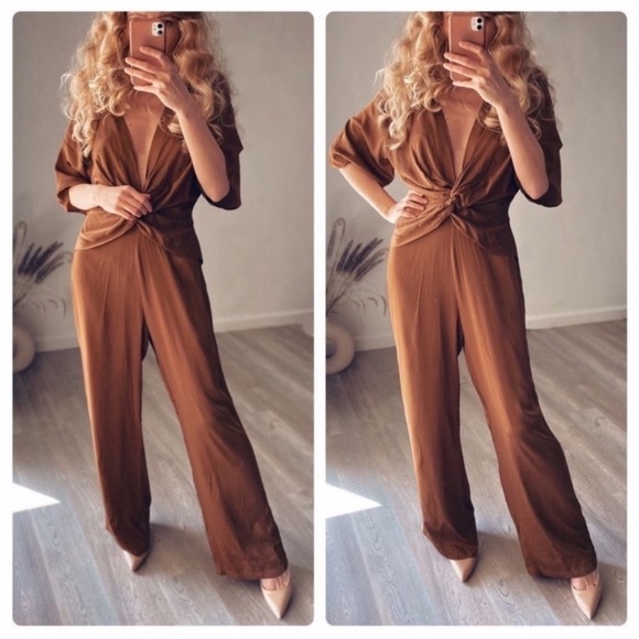 Zara Brown Satin Effect Twisted Effect Plunging Neckline Jumpsuit Size X… - Picture 1 of 16